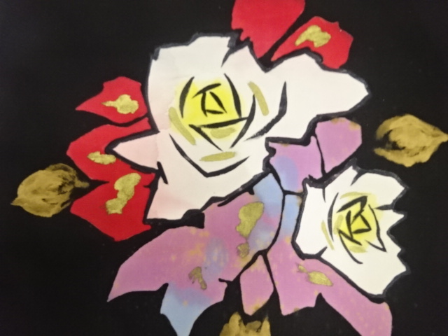 アンティーク着物 ] - 図変り アンティーク 塩瀬 手描き 薔薇